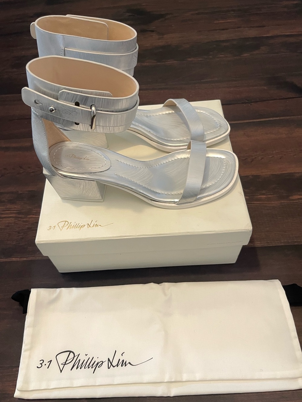 3.1 Phillip Lim Silver Ankle-Strap Block Heel Sandals